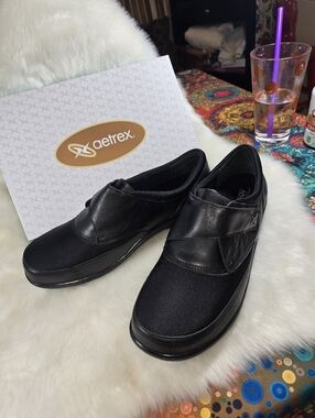 Aetrex Black Emma Monk Strap Leather & Fabric Slip-On Comfort Shoes